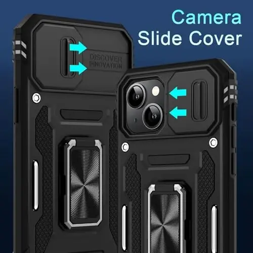DEERLAMN Case for iPhone 13 Mini with Slide Camera Cover+Screen Protector (1 Pack), Rotated Ring Kickstand Military Grade Shockproof Protective Cover-Black - DEERLAMN (1)