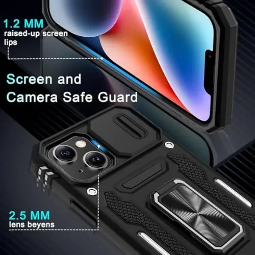 DEERLAMN Case for iPhone 13 Mini with Slide Camera Cover+Screen Protector (1 Pack), Rotated Ring Kickstand Military Grade Shockproof Protective Cover-Black - 5