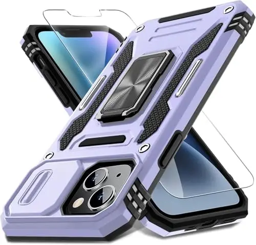 DEERLAMN Case for iPhone 13 Mini with Slide Camera Cover+Screen Protector (1 Pack), Rotated Ring Kickstand Military Grade Shockproof Protective Cover-Light Purple 