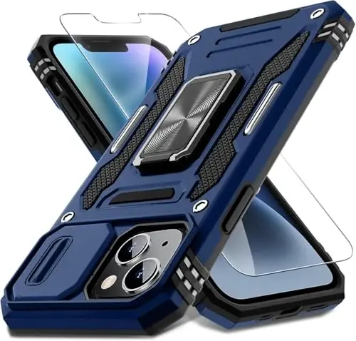 DEERLAMN Case for iPhone 13 Mini with Slide Camera Cover+Screen Protector (1 Pack), Rotated Ring Kickstand Military Grade Shockproof Protective Cover-Navy Blue - DEERLAMN