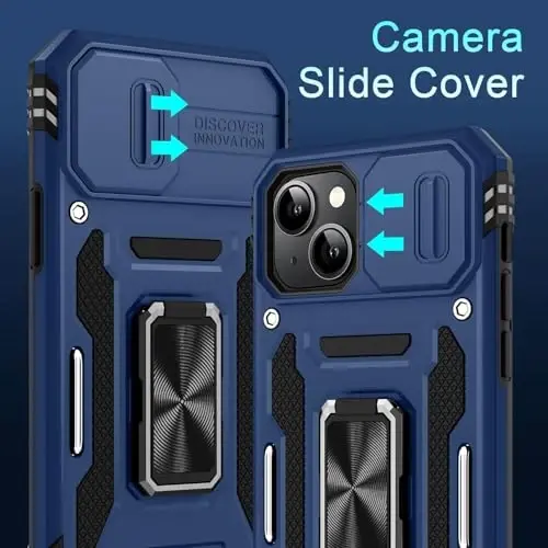 DEERLAMN Case for iPhone 13 Mini with Slide Camera Cover+Screen Protector (1 Pack), Rotated Ring Kickstand Military Grade Shockproof Protective Cover-Navy Blue - 2