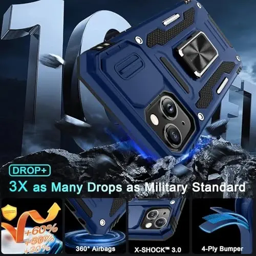 DEERLAMN Case for iPhone 13 Mini with Slide Camera Cover+Screen Protector (1 Pack), Rotated Ring Kickstand Military Grade Shockproof Protective Cover-Navy Blue - 3