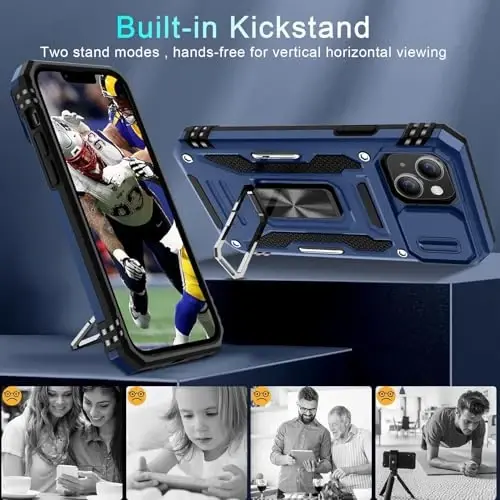 DEERLAMN Case for iPhone 13 Mini with Slide Camera Cover+Screen Protector (1 Pack), Rotated Ring Kickstand Military Grade Shockproof Protective Cover-Navy Blue - 4