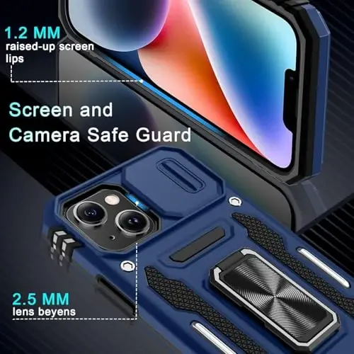 DEERLAMN Case for iPhone 13 Mini with Slide Camera Cover+Screen Protector (1 Pack), Rotated Ring Kickstand Military Grade Shockproof Protective Cover-Navy Blue - 5