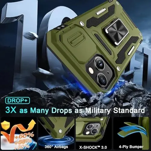 DEERLAMN Case for iPhone 13 Mini with Slide Camera Cover+Screen Protector (1 Pack), Rotated Ring Kickstand Military Grade Shockproof Protective Cover-Olive Green - 3