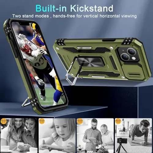 DEERLAMN Case for iPhone 13 Mini with Slide Camera Cover+Screen Protector (1 Pack), Rotated Ring Kickstand Military Grade Shockproof Protective Cover-Olive Green - 4