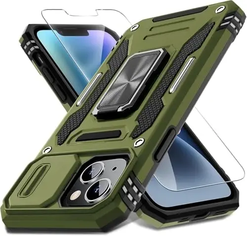 DEERLAMN Case for iPhone 13 Mini with Slide Camera Cover+Screen Protector (1 Pack), Rotated Ring Kickstand Military Grade Shockproof Protective Cover-Olive Green 