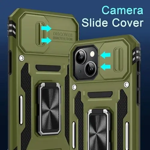 DEERLAMN Case for iPhone 13 Mini with Slide Camera Cover+Screen Protector (1 Pack), Rotated Ring Kickstand Military Grade Shockproof Protective Cover-Olive Green - 2