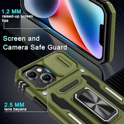 DEERLAMN Case for iPhone 13 Mini with Slide Camera Cover+Screen Protector (1 Pack), Rotated Ring Kickstand Military Grade Shockproof Protective Cover-Olive Green - 5