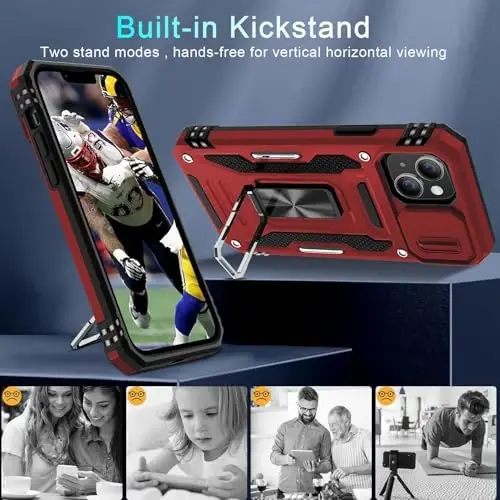 DEERLAMN Case for iPhone 13 Mini with Slide Camera Cover+Screen Protector (1 Pack), Rotated Ring Kickstand Military Grade Shockproof Protective Cover-Red - 4
