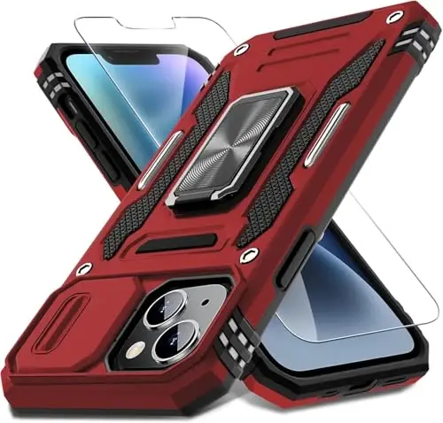 DEERLAMN Case for iPhone 13 Mini with Slide Camera Cover+Screen Protector (1 Pack), Rotated Ring Kickstand Military Grade Shockproof Protective Cover-Red 
