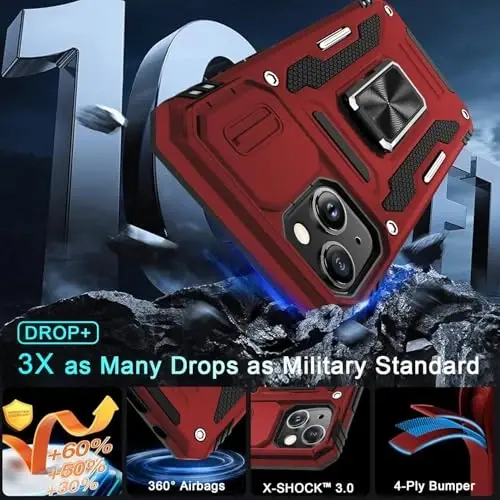 DEERLAMN Case for iPhone 13 Mini with Slide Camera Cover+Screen Protector (1 Pack), Rotated Ring Kickstand Military Grade Shockproof Protective Cover-Red - 3