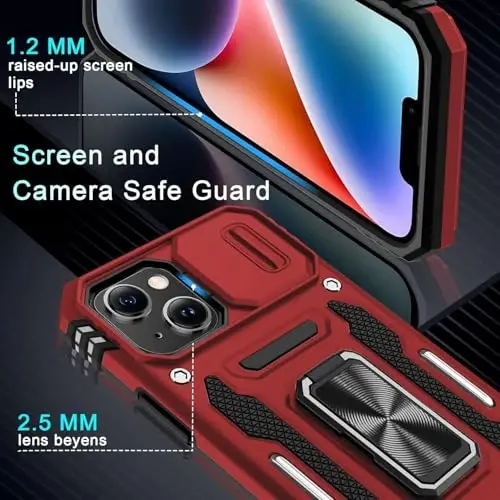 DEERLAMN Case for iPhone 13 Mini with Slide Camera Cover+Screen Protector (1 Pack), Rotated Ring Kickstand Military Grade Shockproof Protective Cover-Red - 5