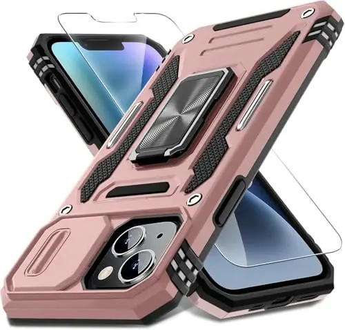 DEERLAMN Case for iPhone 13 Mini with Slide Camera Cover+Screen Protector (1 Pack), Rotated Ring Kickstand Military Grade Shockproof Protective Cover-Rose Gold 