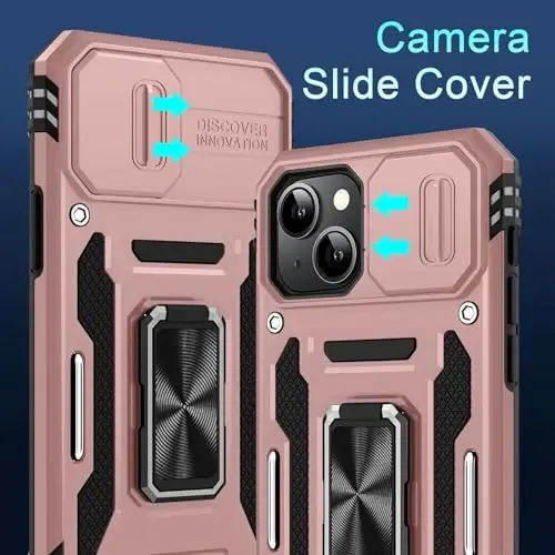 DEERLAMN Case for iPhone 13 Mini with Slide Camera Cover+Screen Protector (1 Pack), Rotated Ring Kickstand Military Grade Shockproof Protective Cover-Rose Gold - 2