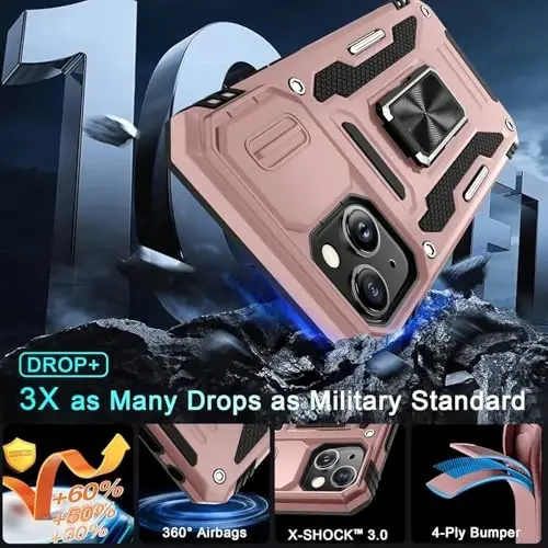 DEERLAMN Case for iPhone 13 Mini with Slide Camera Cover+Screen Protector (1 Pack), Rotated Ring Kickstand Military Grade Shockproof Protective Cover-Rose Gold - 3