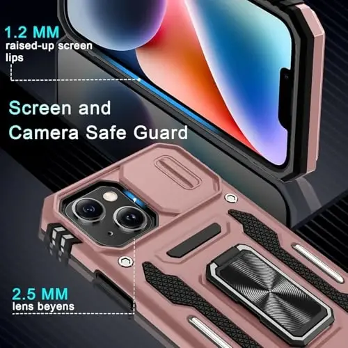 DEERLAMN Case for iPhone 13 Mini with Slide Camera Cover+Screen Protector (1 Pack), Rotated Ring Kickstand Military Grade Shockproof Protective Cover-Rose Gold - 5
