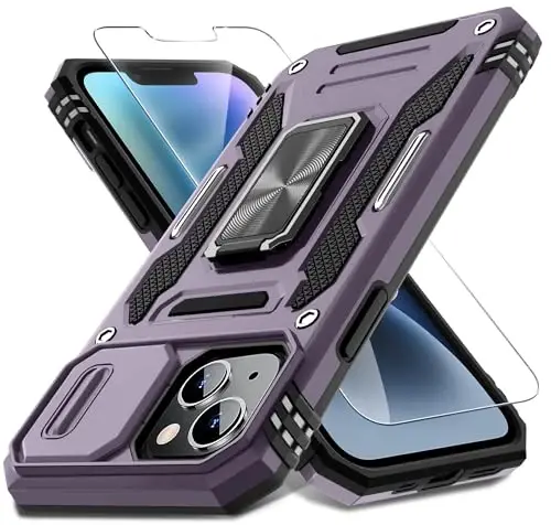 DEERLAMN Case for iPhone 14 Plus with Slide Camera Cover+Screen Protector(1 Pack), Rotated Ring Kickstand Military Grade Shockproof Protective Cover 6.7 Inch-Deep Purple 