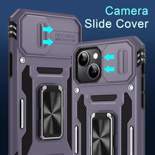 DEERLAMN Case for iPhone 14 Plus with Slide Camera Cover+Screen Protector(1 Pack), Rotated Ring Kickstand Military Grade Shockproof Protective Cover 6.7 Inch-Deep Purple - 3