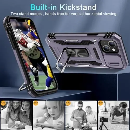 DEERLAMN Case for iPhone 14 Plus with Slide Camera Cover+Screen Protector(1 Pack), Rotated Ring Kickstand Military Grade Shockproof Protective Cover 6.7 Inch-Deep Purple - 5