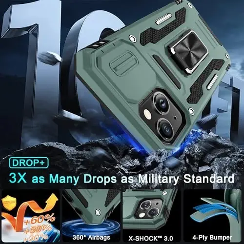 DEERLAMN Case for iPhone 14 Plus with Slide Camera Cover+Screen Protector(1 Pack), Rotated Ring Kickstand Military Grade Shockproof Protective Cover 6.7 Inch-Green - 4