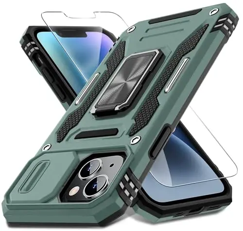 DEERLAMN Case for iPhone 14 Plus with Slide Camera Cover+Screen Protector(1 Pack), Rotated Ring Kickstand Military Grade Shockproof Protective Cover 6.7 Inch-Green - DEERLAMN