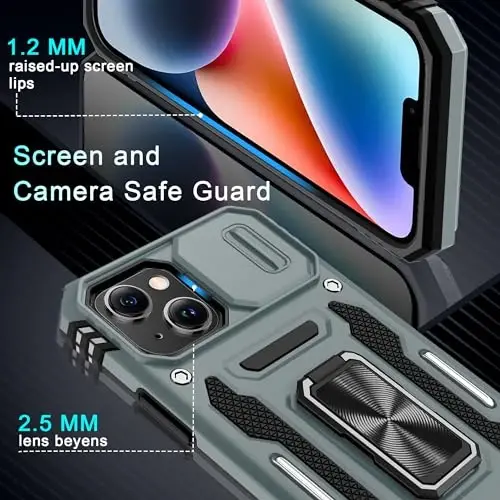 DEERLAMN Case for iPhone 14 Plus with Slide Camera Cover+Screen Protector(1 Pack), Rotated Ring Kickstand Military Grade Shockproof Protective Cover 6.7 Inch-Grey - 1