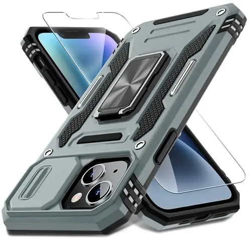 DEERLAMN Case for iPhone 14 Plus with Slide Camera Cover+Screen Protector(1 Pack), Rotated Ring Kickstand Military Grade Shockproof Protective Cover 6.7 Inch-Grey - DEERLAMN