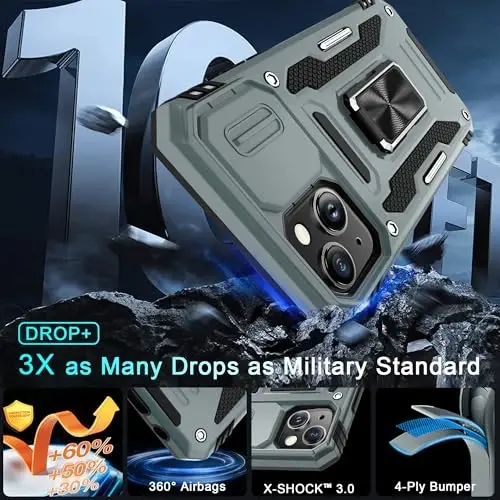 DEERLAMN Case for iPhone 14 Plus with Slide Camera Cover+Screen Protector(1 Pack), Rotated Ring Kickstand Military Grade Shockproof Protective Cover 6.7 Inch-Grey - 4