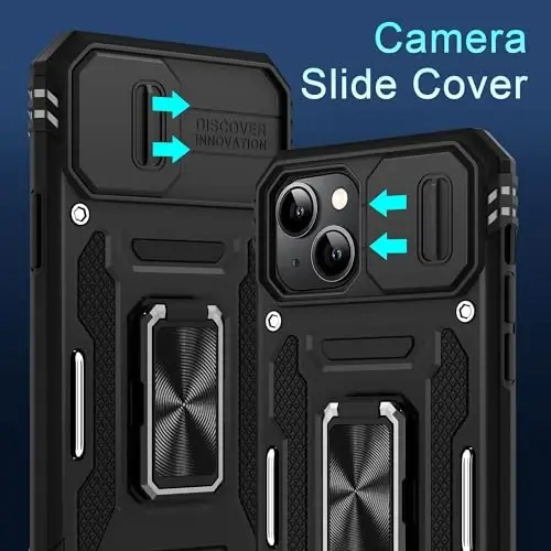 DEERLAMN Case for iPhone 14 Plus with Slide Camera Cover+Screen Protector(1 Pack), Rotated Ring Kickstand Military Grade Shockproof Protective Cover 6.7 Inch-Black - DEERLAMN (1)