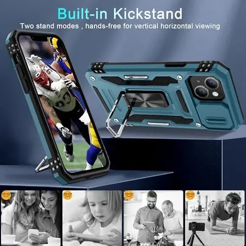 DEERLAMN Case for iPhone 14 Plus with Slide Camera Cover+Screen Protector(1 Pack), Rotated Ring Kickstand Military Grade Shockproof Protective Cover 6.7 Inch-Light Blue - 5