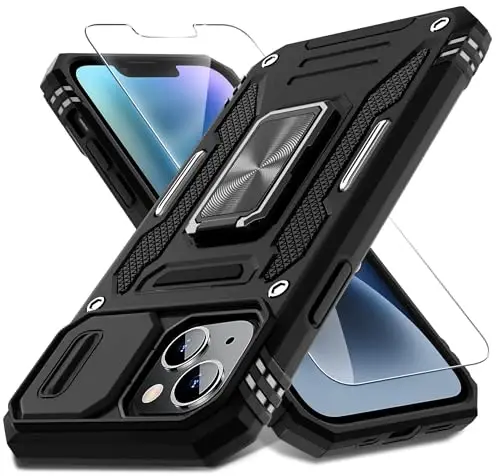 DEERLAMN Case for iPhone 14 Plus with Slide Camera Cover+Screen Protector(1 Pack), Rotated Ring Kickstand Military Grade Shockproof Protective Cover 6.7 Inch-Black - DEERLAMN
