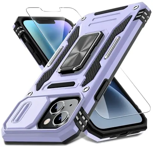 DEERLAMN Case for iPhone 14 Plus with Slide Camera Cover+Screen Protector(1 Pack), Rotated Ring Kickstand Military Grade Shockproof Protective Cover 6.7 Inch-Light Purple 