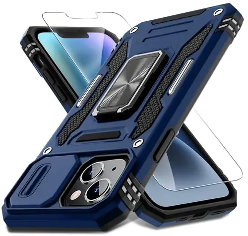 DEERLAMN Case for iPhone 14 Plus with Slide Camera Cover+Screen Protector(1 Pack), Rotated Ring Kickstand Military Grade Shockproof Protective Cover 6.7 Inch-Navy Blue - 1