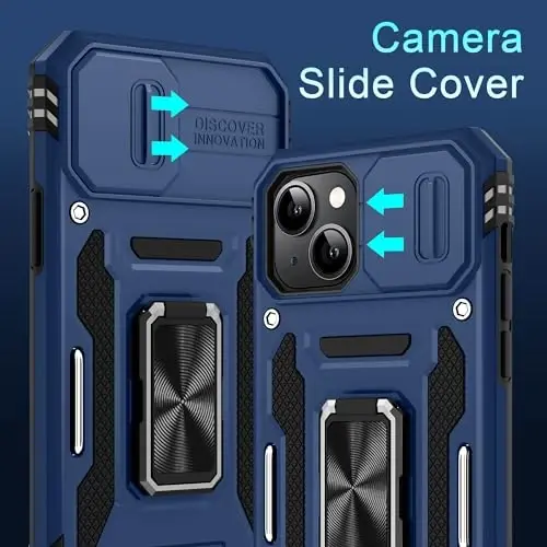DEERLAMN Case for iPhone 14 Plus with Slide Camera Cover+Screen Protector(1 Pack), Rotated Ring Kickstand Military Grade Shockproof Protective Cover 6.7 Inch-Navy Blue - 3