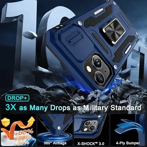 DEERLAMN Case for iPhone 14 Plus with Slide Camera Cover+Screen Protector(1 Pack), Rotated Ring Kickstand Military Grade Shockproof Protective Cover 6.7 Inch-Navy Blue - 4