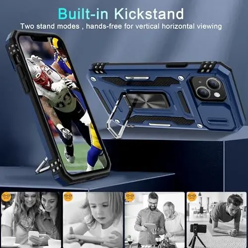 DEERLAMN Case for iPhone 14 Plus with Slide Camera Cover+Screen Protector(1 Pack), Rotated Ring Kickstand Military Grade Shockproof Protective Cover 6.7 Inch-Navy Blue - 5