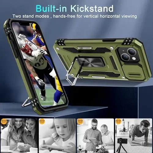 DEERLAMN Case for iPhone 14 Plus with Slide Camera Cover+Screen Protector(1 Pack), Rotated Ring Kickstand Military Grade Shockproof Protective Cover 6.7 Inch-Olive Green - 5