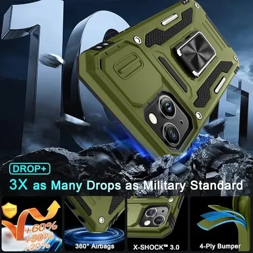 DEERLAMN Case for iPhone 14 Plus with Slide Camera Cover+Screen Protector(1 Pack), Rotated Ring Kickstand Military Grade Shockproof Protective Cover 6.7 Inch-Olive Green - 4