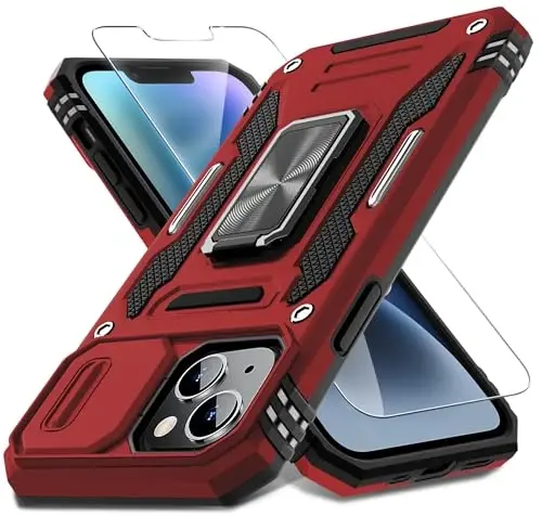 DEERLAMN Case for iPhone 14 Plus with Slide Camera Cover+Screen Protector(1 Pack), Rotated Ring Kickstand Military Grade Shockproof Protective Cover 6.7 Inch-Red 