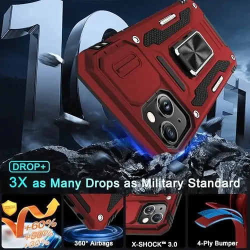 DEERLAMN Case for iPhone 14 Plus with Slide Camera Cover+Screen Protector(1 Pack), Rotated Ring Kickstand Military Grade Shockproof Protective Cover 6.7 Inch-Red - 4