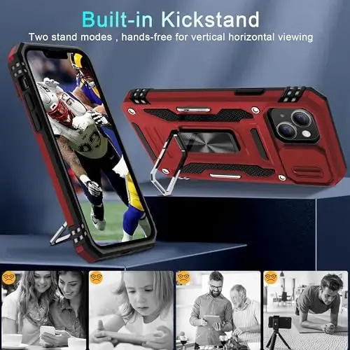 DEERLAMN Case for iPhone 14 Plus with Slide Camera Cover+Screen Protector(1 Pack), Rotated Ring Kickstand Military Grade Shockproof Protective Cover 6.7 Inch-Red - 5
