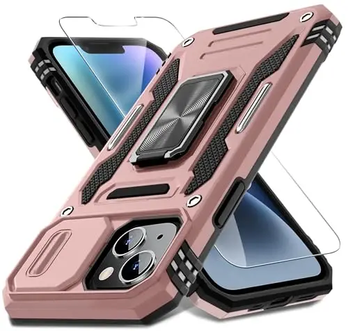 DEERLAMN Case for iPhone 14 Plus with Slide Camera Cover+Screen Protector(1 Pack), Rotated Ring Kickstand Military Grade Shockproof Protective Cover 6.7 Inch-Rose Gold - 1