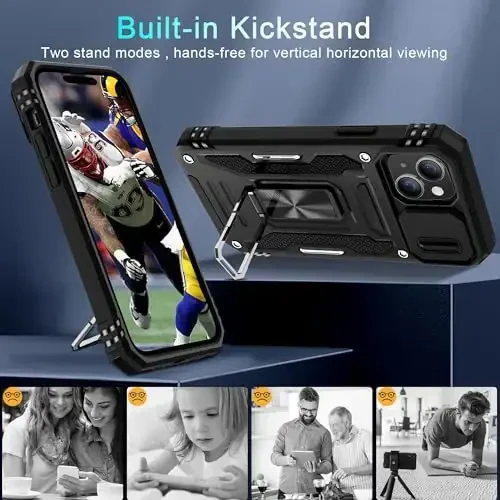 DEERLAMN Case for iPhone 15 with Slide Camera Cover + Screen Protector (2 Packs), Rotated Ring Kickstand Military Grade Shockproof Protective Cover-Black - 4