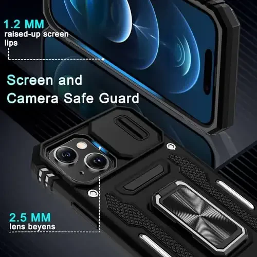 DEERLAMN Case for iPhone 15 with Slide Camera Cover + Screen Protector (2 Packs), Rotated Ring Kickstand Military Grade Shockproof Protective Cover-Black - 5