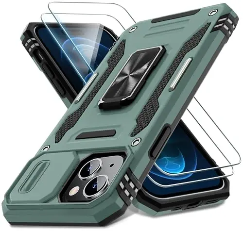 DEERLAMN Case for iPhone 15 with Slide Camera Cover + Screen Protector (2 Packs), Rotated Ring Kickstand Military Grade Shockproof Protective Cover-Green 