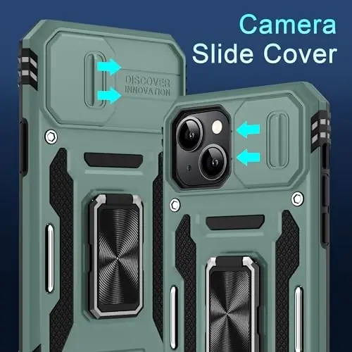 DEERLAMN Case for iPhone 15 with Slide Camera Cover + Screen Protector (2 Packs), Rotated Ring Kickstand Military Grade Shockproof Protective Cover-Green - 2
