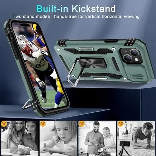DEERLAMN Case for iPhone 15 with Slide Camera Cover + Screen Protector (2 Packs), Rotated Ring Kickstand Military Grade Shockproof Protective Cover-Green - 4