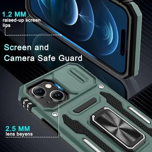 DEERLAMN Case for iPhone 15 with Slide Camera Cover + Screen Protector (2 Packs), Rotated Ring Kickstand Military Grade Shockproof Protective Cover-Green - 5