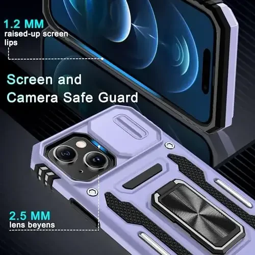 DEERLAMN Case for iPhone 15 with Slide Camera Cover + Screen Protector (2 Packs), Rotated Ring Kickstand Military Grade Shockproof Protective Cover-Light Purple - 5